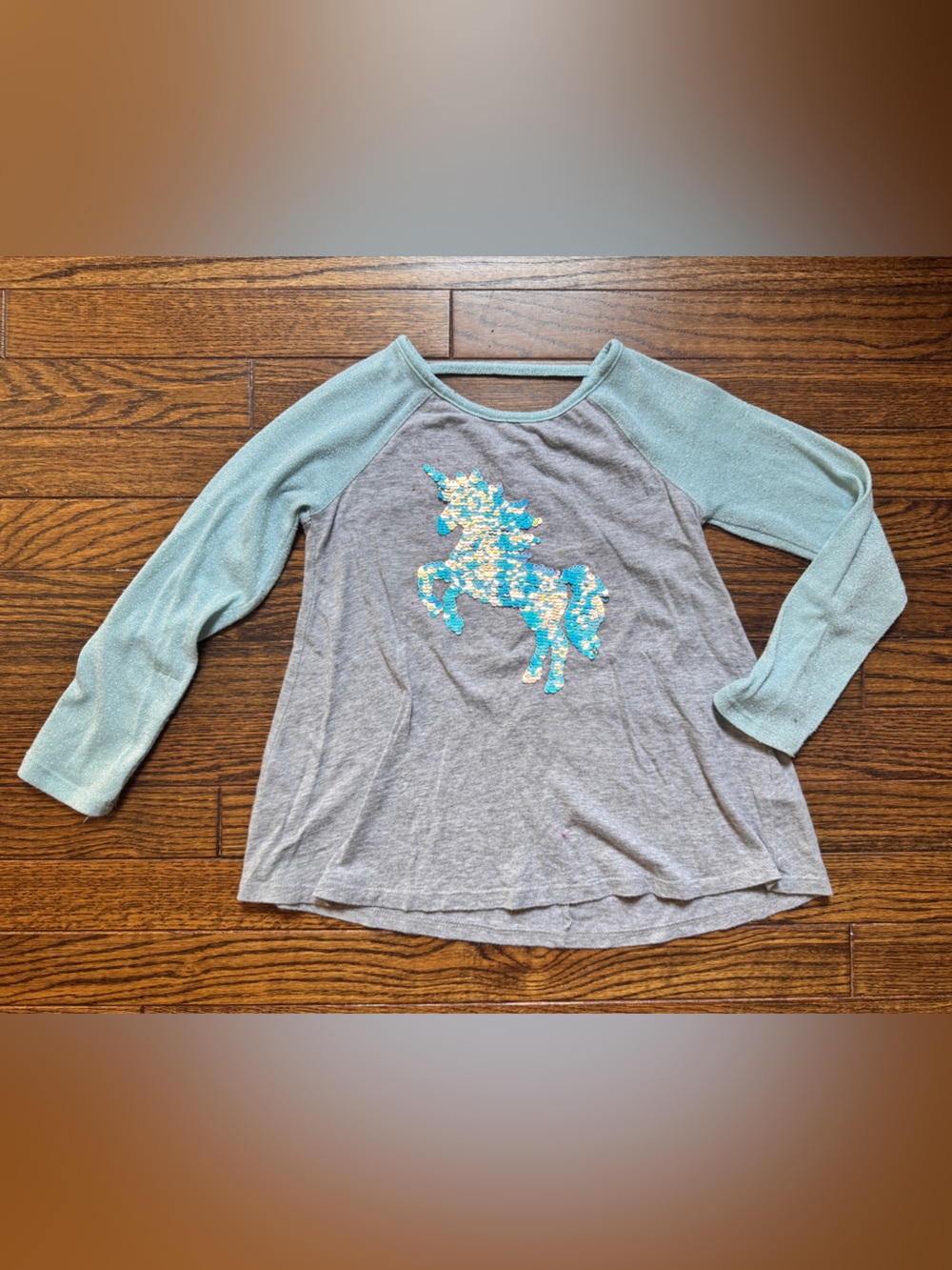 Justice Gray Sweater with Teal Sequin Unicorn